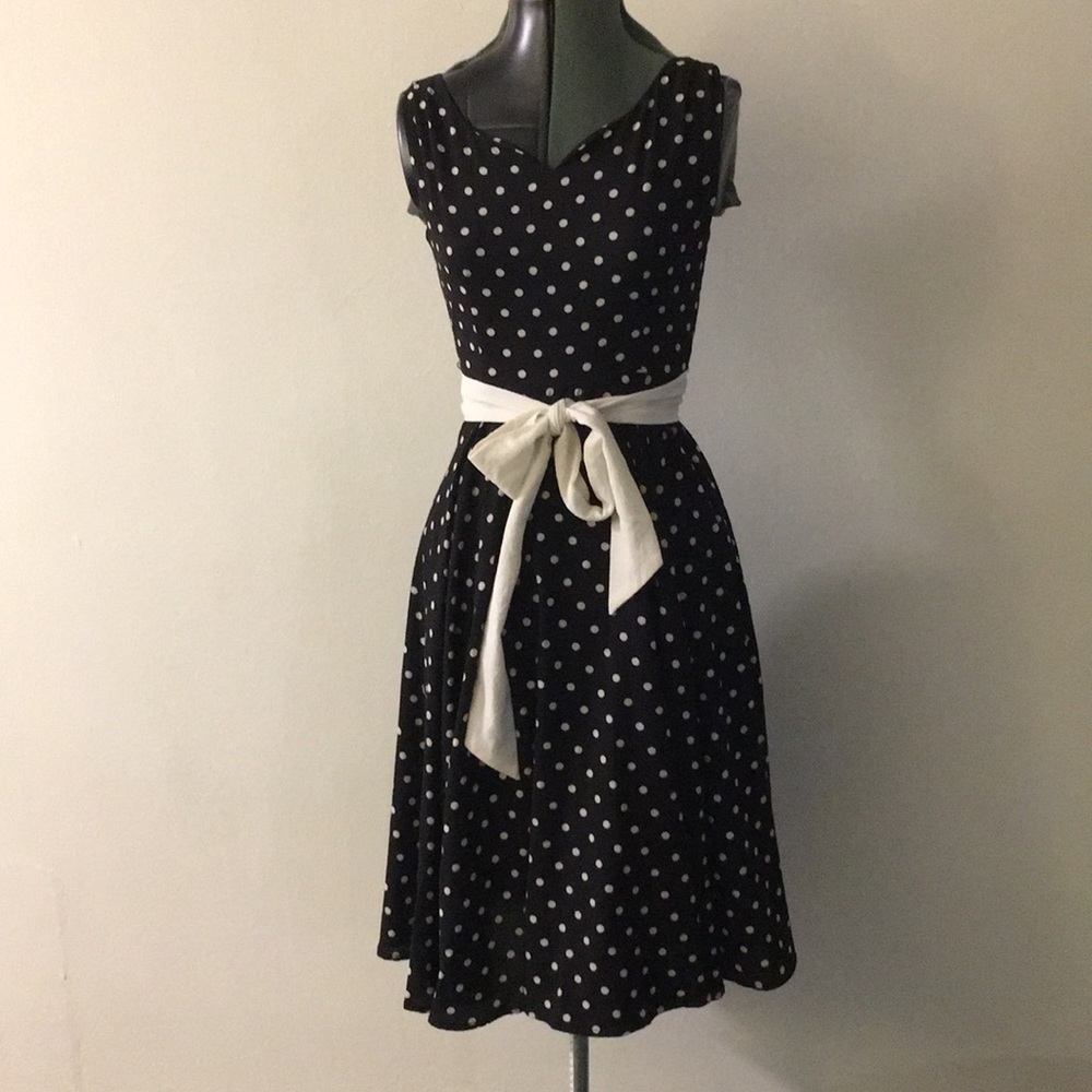 1950s Black & white polka dot swing dress w/ sash